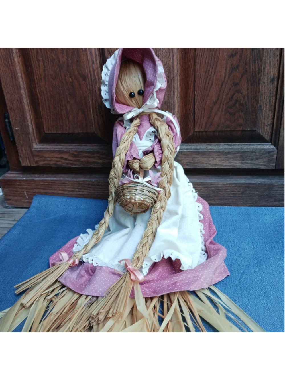 VTG Cottagecore Straw Doll Pink Calico Braids Basket 16